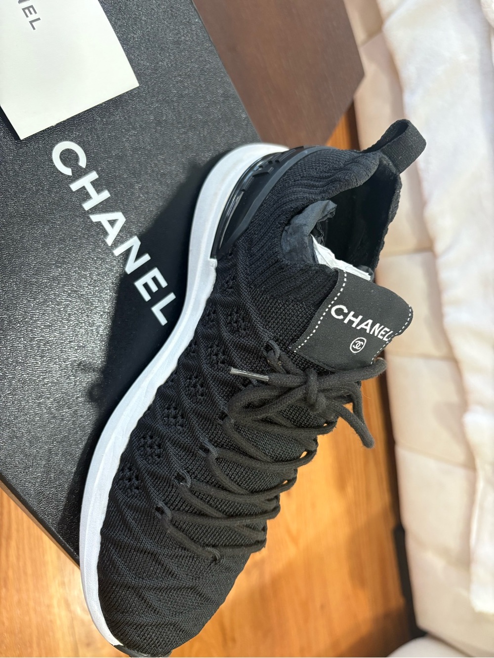 CHANEL Black Knit High-Top Lace-Up Sneakers with White Sole
